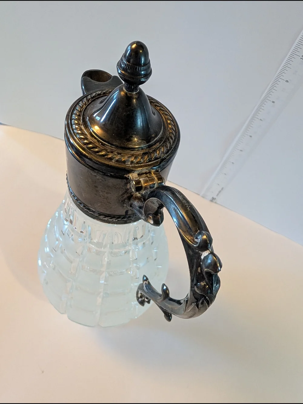 Etched Crystal Sheffield Pitcher Silver Plated Lid and Handle Hand‎ Cut